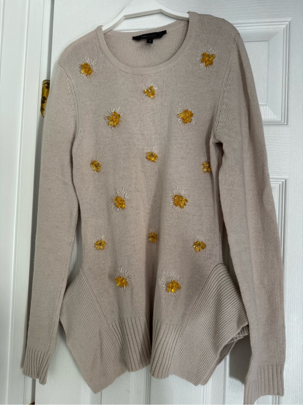 BCBG Maxazria Light Beige Embellished Women's Sweater with Yellow Floral Accents
